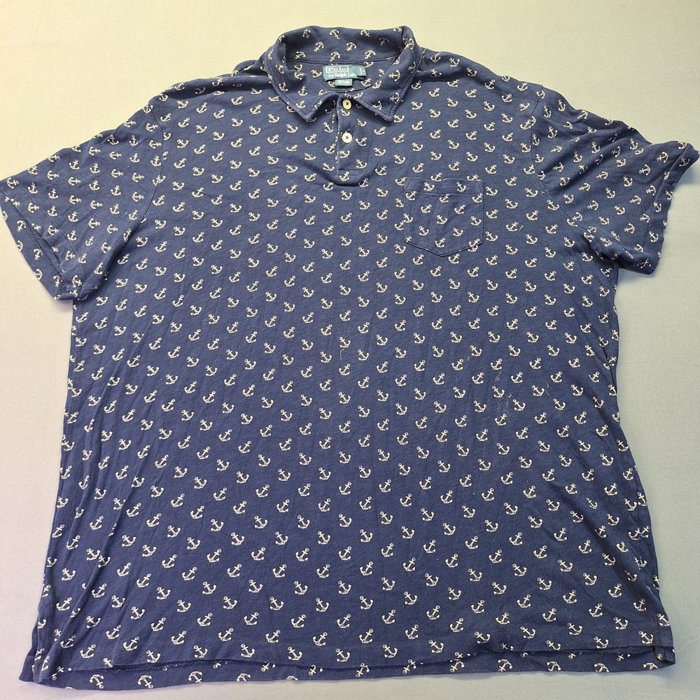 Polo Ralph Lauren Mens XXL Navy Blue Anchor Print Cotton Short Sleeve Polo Shirt